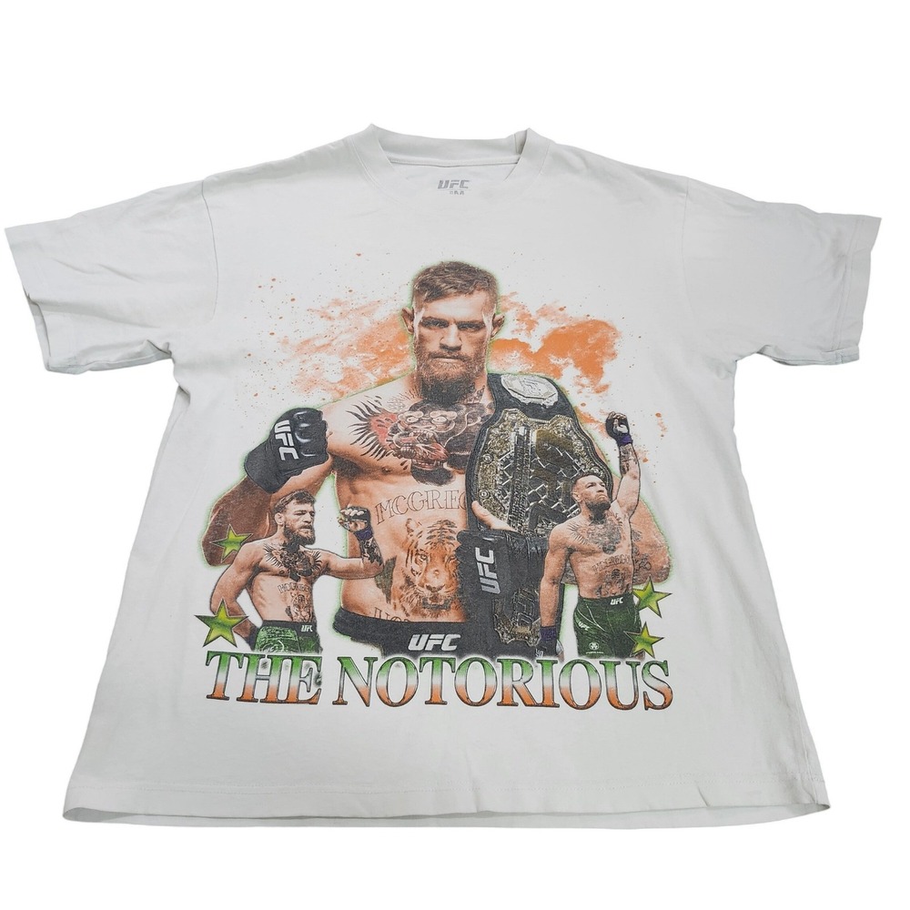 UFC T-Shirt Mens Medium Conor McGregor The Notorious White MMA Graphic EUC